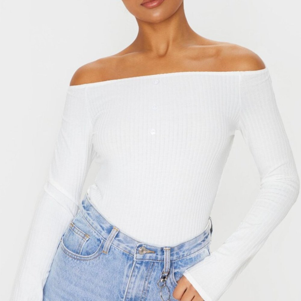 Cream Rib Button Bardot Top - Picture 3 of 7